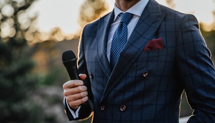 Man in Suit Holding Microphone Outdoors at Sunset