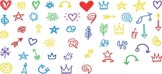 A vibrant collection of hand-drawn icons and symbols in various bright colors on a white background.