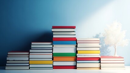 A stack of colorful books on a table against a blue wall