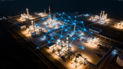 Nighttime aerial view of an industrial facility