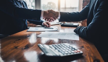 Two businessmen shaking hands over a table with documents and a calculator