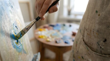 Painter's Hand Applying Blue and Yellow Paint to Canvas