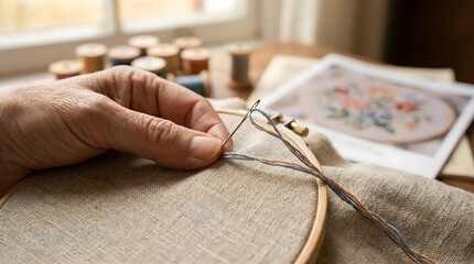 Close-up of hands embroidering a floral design on fabric with a needle and thread