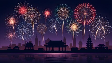 A vibrant firework display illuminates the night sky above a silhouetted cityscape featuring traditional East Asian architecture and pagodas, reflected in the water below.
