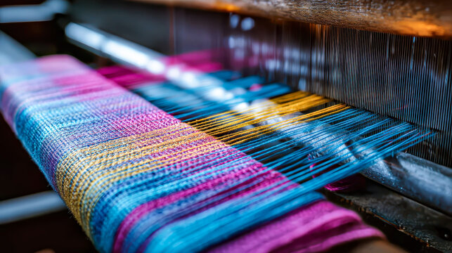 Colorful threads weaving together on a loom forming bright patterned fabric textile