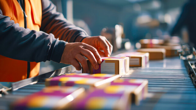 Worker organizing colorful parcels on conveyor belt in package sorting facility