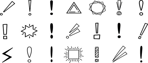 A collection of simple black icons on a white background, including exclamation marks, shapes, and symbols, viewed from directly above.