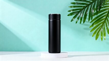 Black thermos bottle on white stand