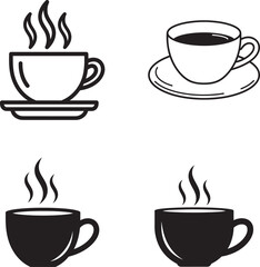 Obraz premium Four simple coffee cup illustrations with steam in silhouette and line art style