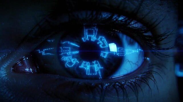 Extreme close up human eye with iris glows in futuristic digital pattern