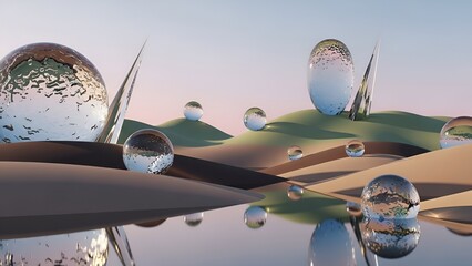 Abstract landscape with glass spheres and crystal shards reflecting serene skies