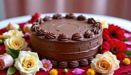 Chocolate Cake with Fresh Flowers Elegant Red Velvet Surface