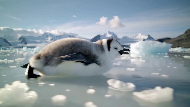 Baby penguin sliding on belly across ice, joyful scene