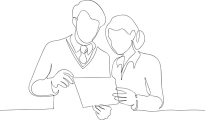 Young man and woman work together in office. Professional colleagues discussing business strategy and reviewing important documents. This minimalist continuous line drawing depicts two professional 