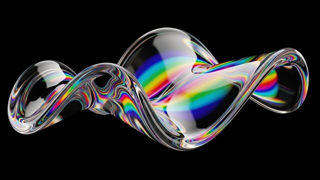 Abstract wave form with iridescent reflections against a plain black backdrop