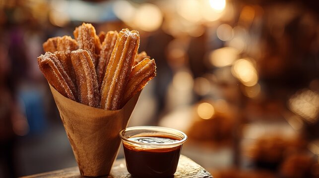 A delicious serving of traditional Spanish churros with a side of rich chocolate sauce at an outdoor market