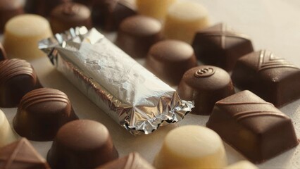 Assorted chocolates with foil-wrapped bar