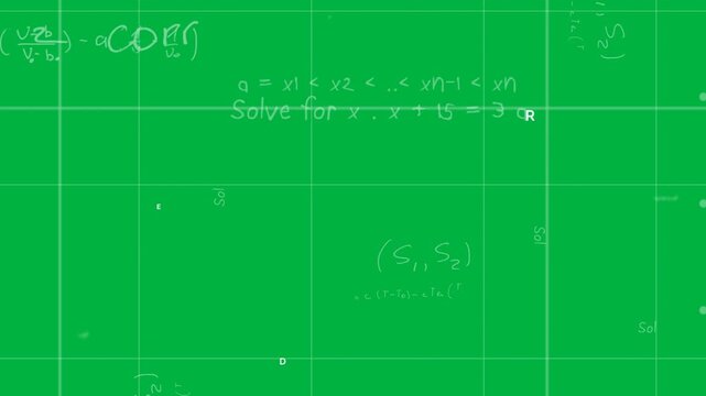 Animation of mathematical formulae moving over grid on black background