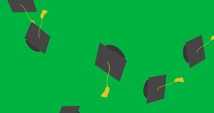 Animation of graduation college university hats falling on black background