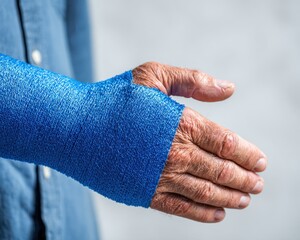Close-up of an Elderly Person's Hand with Blue Cast on Forearm Highlighting Injury Recovery and Medical Care Conceptinjury