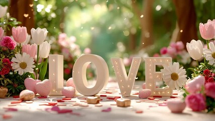 Explore a vibrant garden adorned with beautiful blooms and charming decorations. This enchanting space radiates love, with sweet notes and pastel colors inviting romantic moments