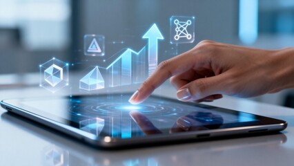 Hand interacting with digital tablet and holograms