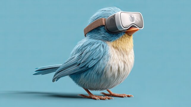 A small blue bird wearing virtual reality goggles stands on a plain blue background with a curious expression.