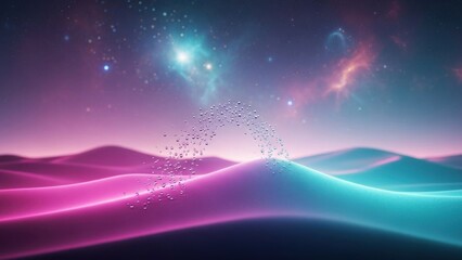 Surreal cosmic landscape with glowing purple dunes and shimmering stars and nebulae in deep space