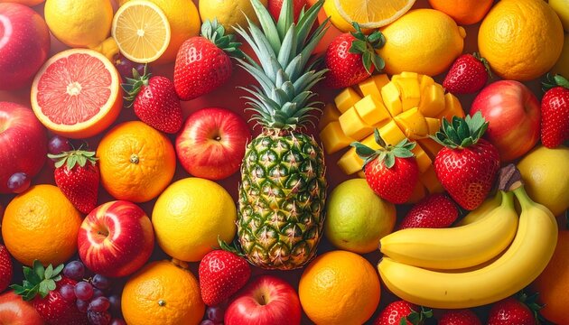 A healthy group of ripe tropical fruits and vegetables including fresh apple, banana, citrus orange, and green grapes isolated on a white background for a diet - Powered by Adobe
