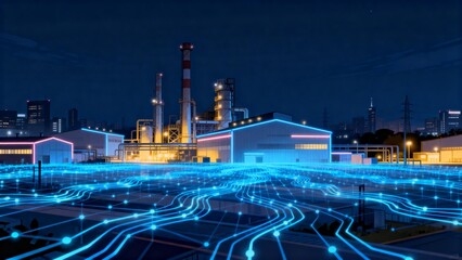 Nighttime industrial facility with glowing network