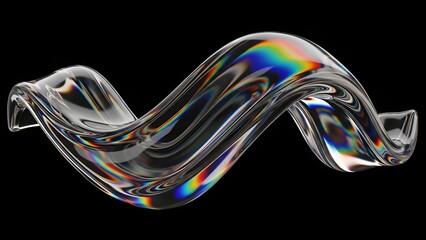 Fluid Iridescent Glass Wave on Black Backdrop, a Mesmerizing Light Refraction