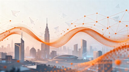 Futuristic cityscape with digital network