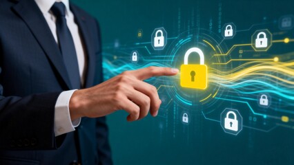 Businessman interacting with digital security icons