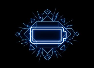 Glowing battery symbol with geometric shapes against a black background