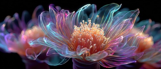 Glowing Transparent Neon Flowers with Luminous Petals and Vibrant Colors in an Ethereal Artistic Floral Arrangement on Black Background