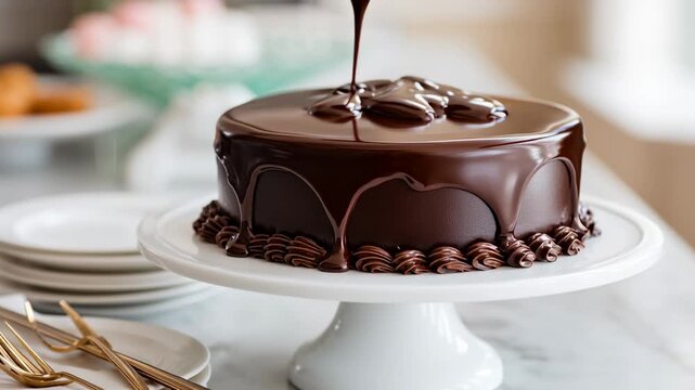Soft streams of chocolate glaze flow over a luscious chocolate cake, creating a shiny coat in a warm kitchen filled with delightful treats. The perfect moment for dessert lovers