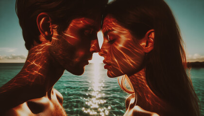 Lovers portrait with fiery energy glow and double exposure effect