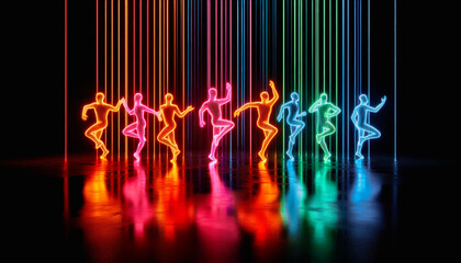 Neon dance party with colorful silhouettes against vertical light bars