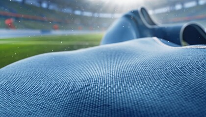 Close-up view of a light blue sports fabric with a blurred stadium background under bright sunlight, highlighting the texture of the material.
