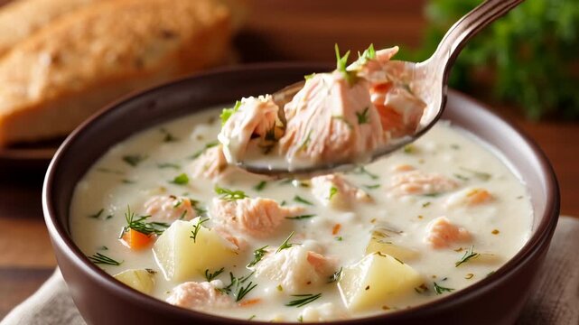 Indulge in the rich, creamy goodness of clam chowder as a spoon dives into the warm bowl, revealing tender ingredients and herbs. Perfect for cozy gatherings on chilly days