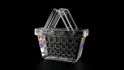 Transparent Shopping Basket with Iridescent Reflections on a Seamless Black Background
