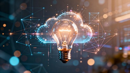 Light bulb with cloud and digital network