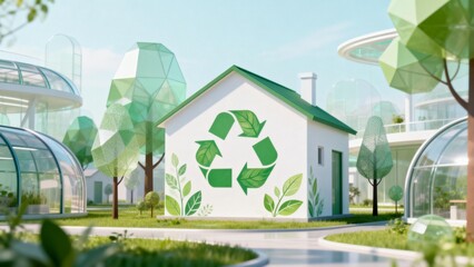 Futuristic ecofriendly house with recycling symbol