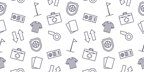 Seamless soccer pattern featuring gray line icons of football equipment including referee whistle jersey shirt penalty cards medical kit corner flag and match ticket on white background © Ydzv Dsgn