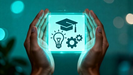 Hands holding glowing education icon