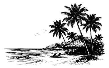 Hand drawn line art illustration of a tropical beach scene depicting palm trees, ocean, and beach resort elements for summer holidays and travel