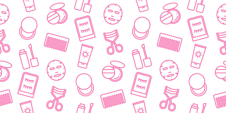 Seamless cosmetic pattern with pink outline icons of face mask, cream, lipstick, lash, comb, and sunscreen. Beauty skincare background for salon branding, makeup menu, and spa decor.