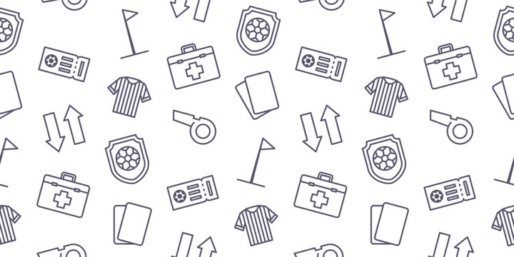 Seamless soccer pattern featuring gray line icons of football equipment including referee whistle jersey shirt penalty cards medical kit corner flag and match ticket on white background