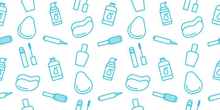 Seamless cosmetic line pattern featuring blue vector icons of makeup tools like mascara wand beauty sponge bottle with dropper avocado fruit and serum pump on white background for design