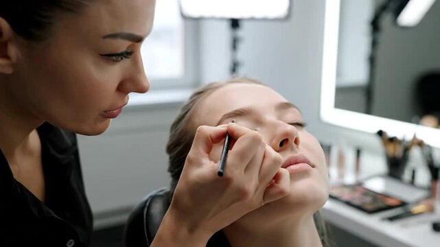 Makeup artist applying eyeliner to a young woman's face in a beauty studio for a professional makeover